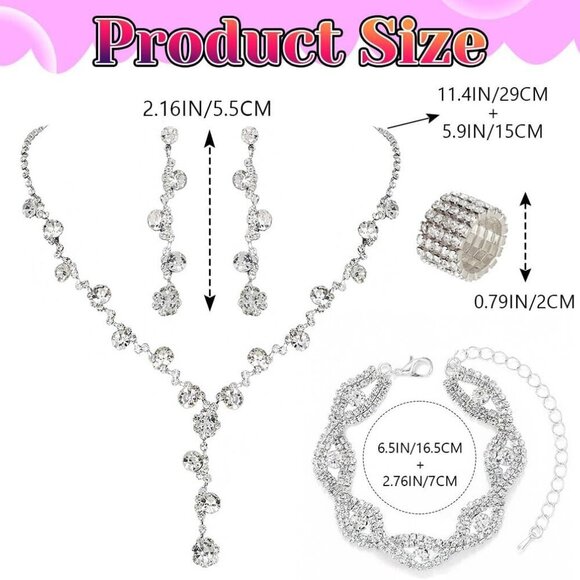 Women Bridal Rhinestone Jewelry Set Necklace Earrings Bracelet Ring - Picture 4 of 7